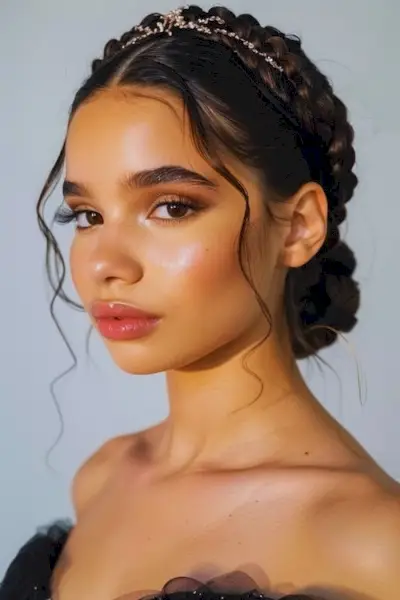 編み込みクラウンのプロムヘアスタイルのアイデアのアップスタイル。