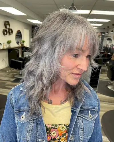 salt and pepper medium shag with bangs