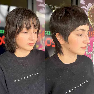 Low-Maintenance Shaggy Pixie Style with Bangs for women with long sideburns