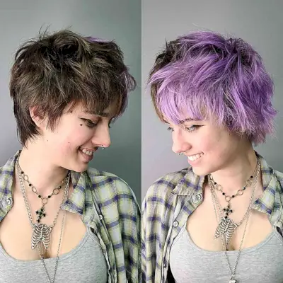Short shaggy gemini hair color with two tone purple and brown