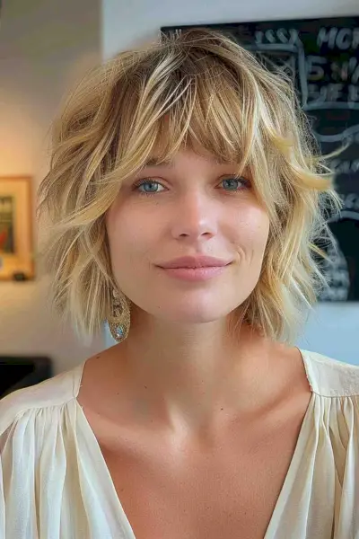 Chin-length messy shaggy bob with curtain bangs and choppy layers