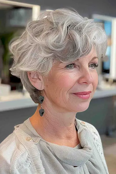 Flattering short shag haircut for older women with natural grey hair