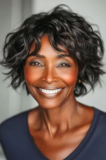 덥수룩한 컬의 짧은 헤어스타일.