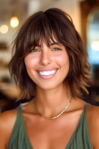 고르지 못한 레이어의 질감 있는 섀그 짧은 헤어스타일.