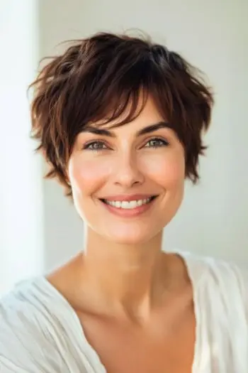 앞머리가 짧은 짧은 헤어스타일을 가진 얽히고 설킨 픽시.