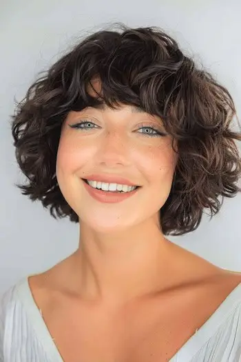 둥근 곱슬머리 샤그 짧은 헤어스타일.