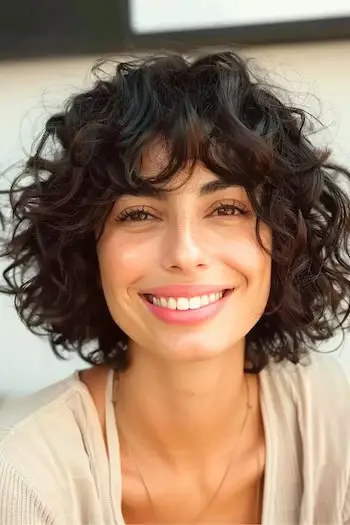 앞머리가 있는 짧은 헤어스타일의 곱슬머리.