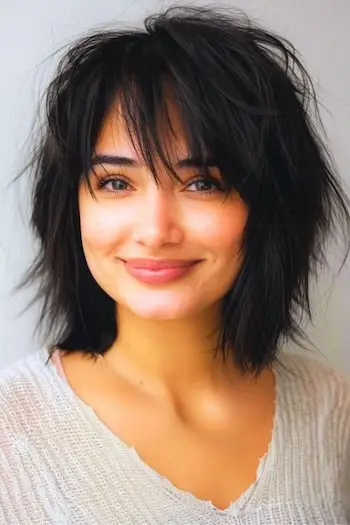 Shag fino com franja longa Penteado de comprimento médio.