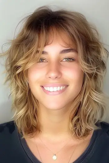 Penteado cônico ondulado de comprimento médio.