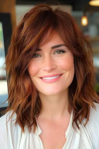 Shag com franja lateral, penteado de comprimento médio.