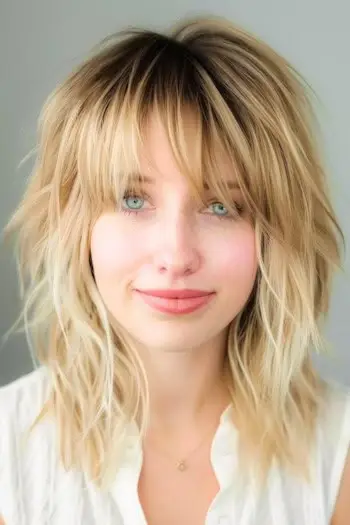 Shag loiro com raízes escuras, penteado de comprimento médio.