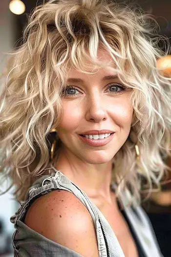 Penteado solto e encaracolado de comprimento médio.