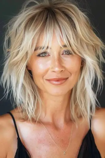 Penteado de comprimento médio desgrenhado Beachy Shag.