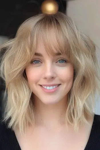 Penteado macio e ondulado de comprimento médio.