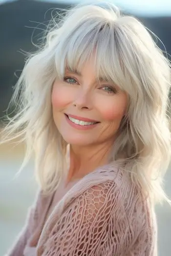 Shag prateado fino com franja penteado de comprimento médio.