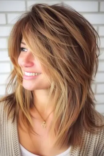 Penteado reto com penas e desgrenhado de comprimento médio.