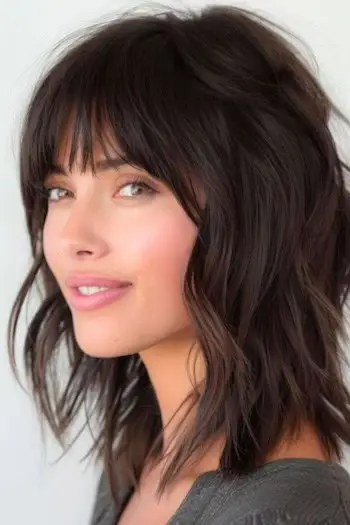 Corte ondulado e desgrenhado com franja em pedaços.