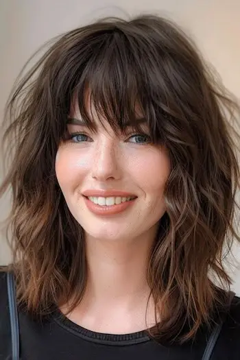 Shag marrom desgrenhado com franja penteado de comprimento médio.