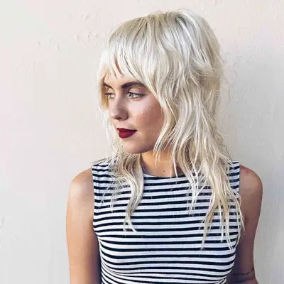 Undone Shaggy Mullet with Fringe for women with platinum hair and choppy ends