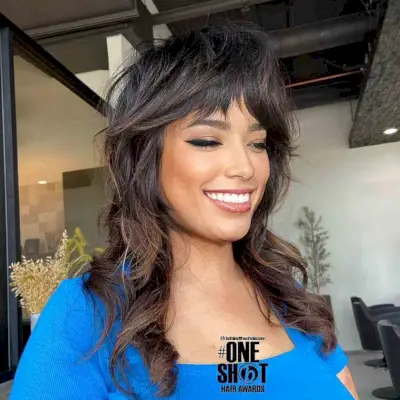 Long Brown Shaggy Mullet with Thick Bangs