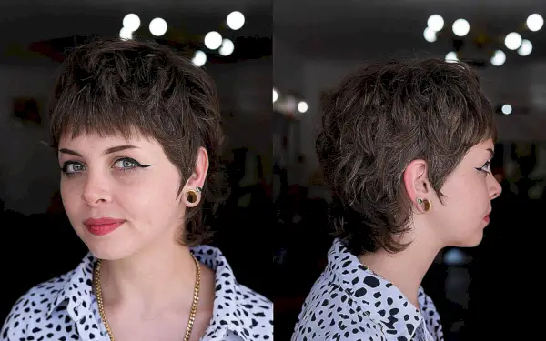 Short Brunette Shullet with Choppy Bangs