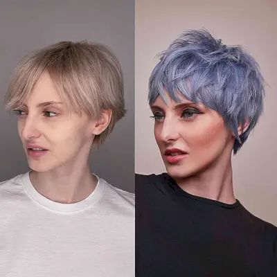 Denim-Colored Shaggy Pixie Cut