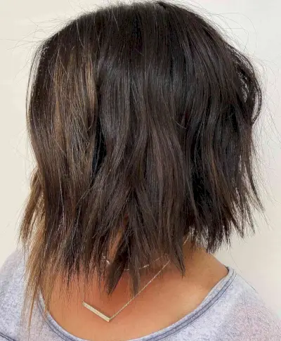 Shaggy angled bob for brunette thick hair