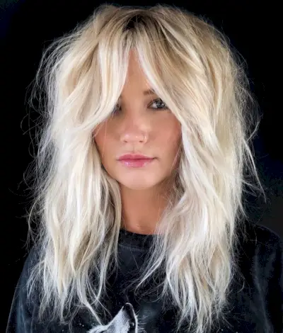 Choppy Blonde Shag with Curtain Bangs