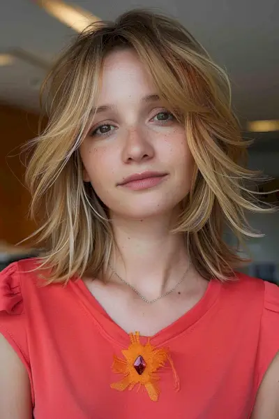 Golden blonde shoulder-length shag haircut with choppy layers and curtain bangs