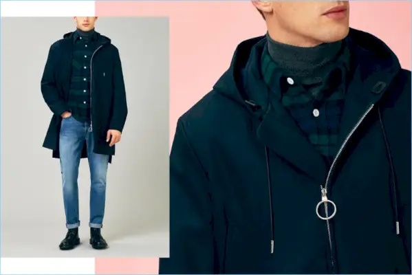 Jamie Wise is gekleed voor een koele avond en draagt ​​een parka met capuchon van Acne Studios, een flanellen overhemd van Beams Plus en een coltrui van John Smedley. Jamie modelleert ook de stonewashed denimjeans van Acne Studios met Tricker