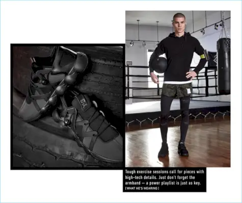 ג'סטין נוקט עמדה אקטיבית בקפוצ'ון סוודר של Velva Sheen, חולצת טריקו של Reging Champ, מכנסי Satisfy קצרים וגרביוני HALO.