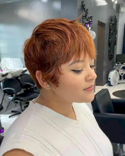 Copper Red Short Wixie Shag with Choppy Bangs and Layers