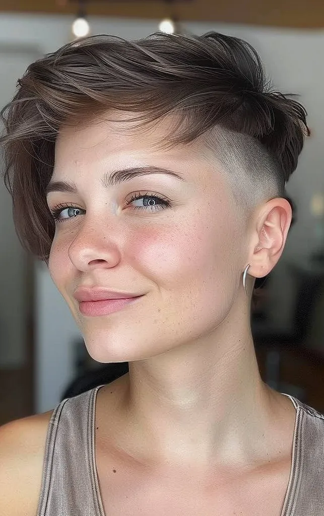Taglio di capelli pixie semirasato con parte superiore spazzata lateralmente per capelli lisci' title=