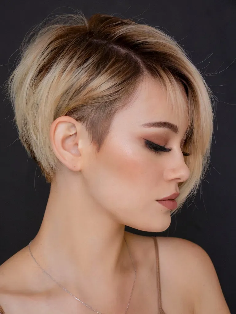 Pixie bob corto rasato con fronte asimmetrico e lato rasato per capelli fini' title=