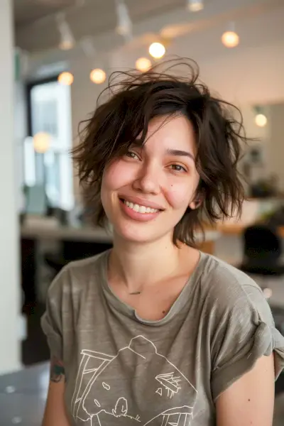 Woman with Choppy Wavy Hairstyle and Side-Swept Bangs