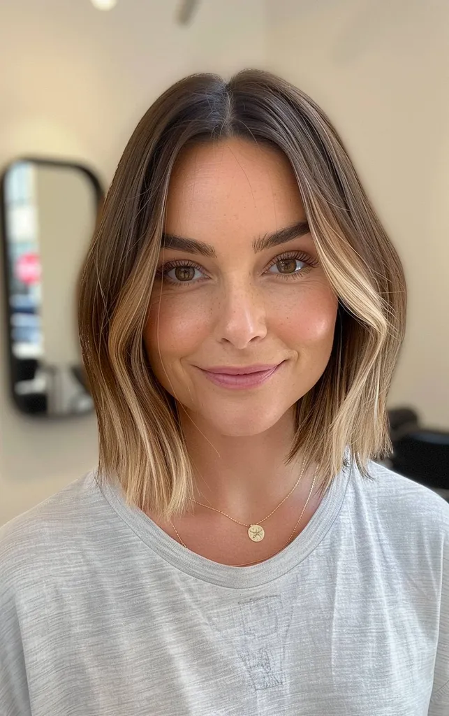 Temno rjavi lasje s poudarki na obrazu za kratke lase' title=