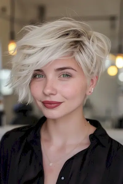 messy blonde pixie with side bangs