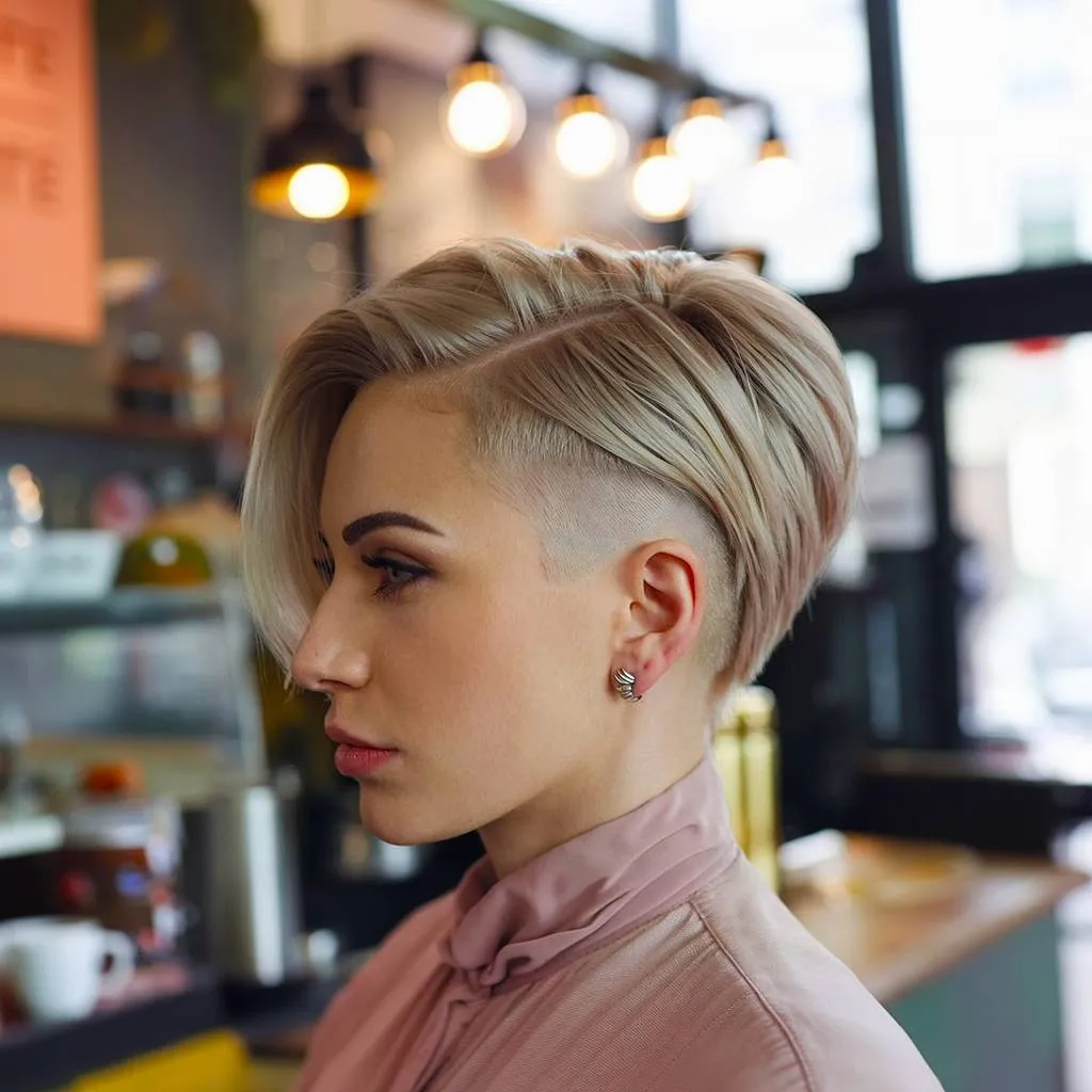Langer Pixie-Haarschnitt mit Undercut und asymmetrischem Styling für einen kantigen, gewagten Look' title=