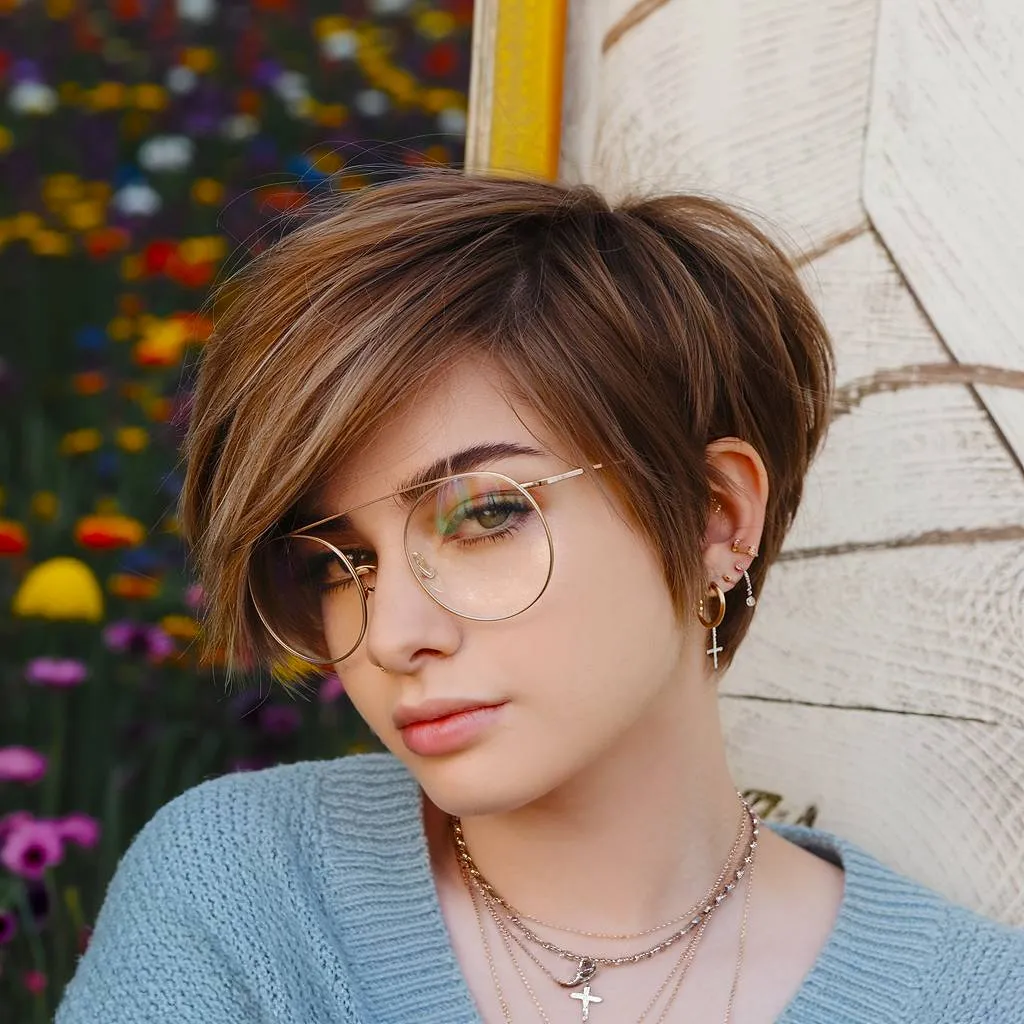 Seitlich geschwungener, langer Pixie-Schnitt mit zusätzlichem Volumen und dezenten Highlights für einen dimensionalen, eleganten Look' title=