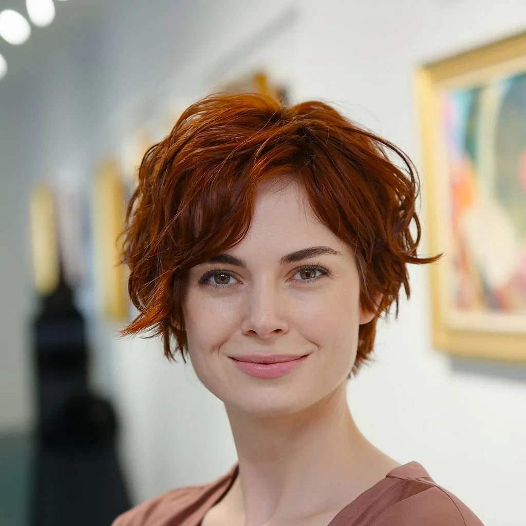 Welliger, langer Pixie-Bob mit zerzausten Schichten und sattem Rotbraun für einen verspielten, voluminösen Stil' title=