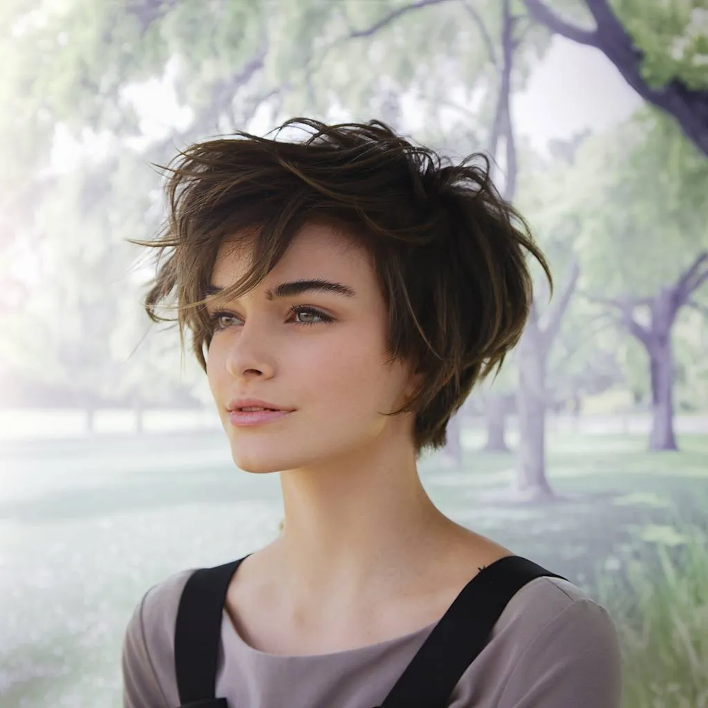 Unordentlicher langer Pixie-Haarschnitt mit zerzausten Stufen und zartem Pony für einen unbeschwerten, mühelosen Stil' title=