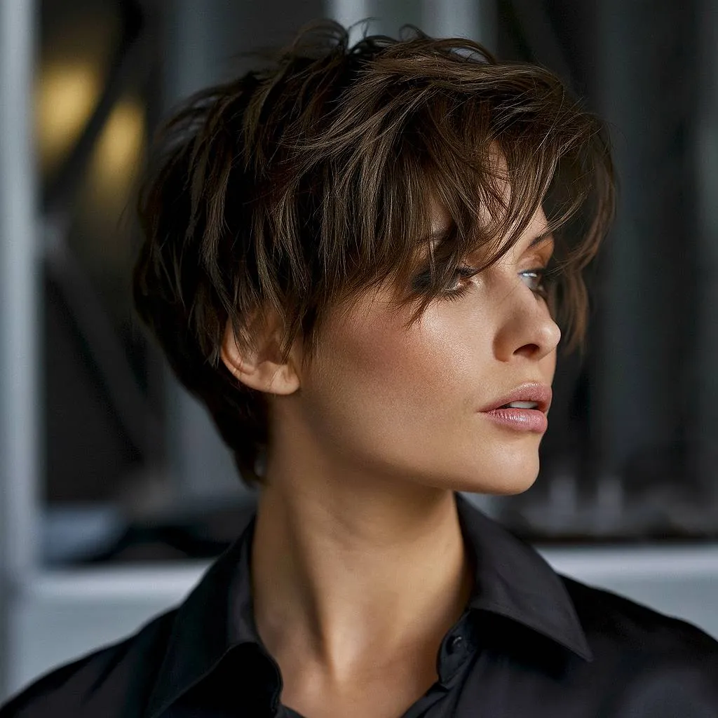 Velvixie-Frisur mit zerzausten Schichten und abgehackter Textur für einen modernen, mühelosen Pixie' title=