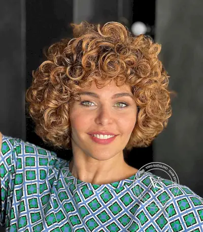 Thick Golden Brown Curls with Fringe for Short Hair