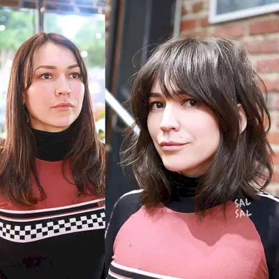 Above-the-Shoulder Chocolate Brown Bob with Bangs for women with a sweet style