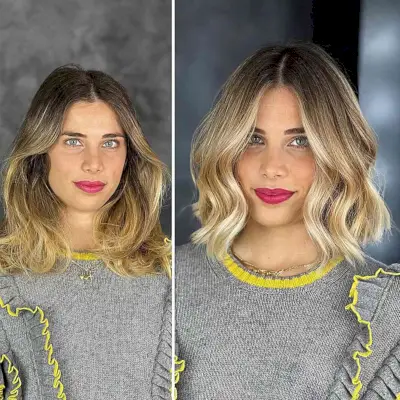 Beautiful Balayage on Thick Above-the-Shoulder Bob Cut for women with dark roots and low-maintenance style