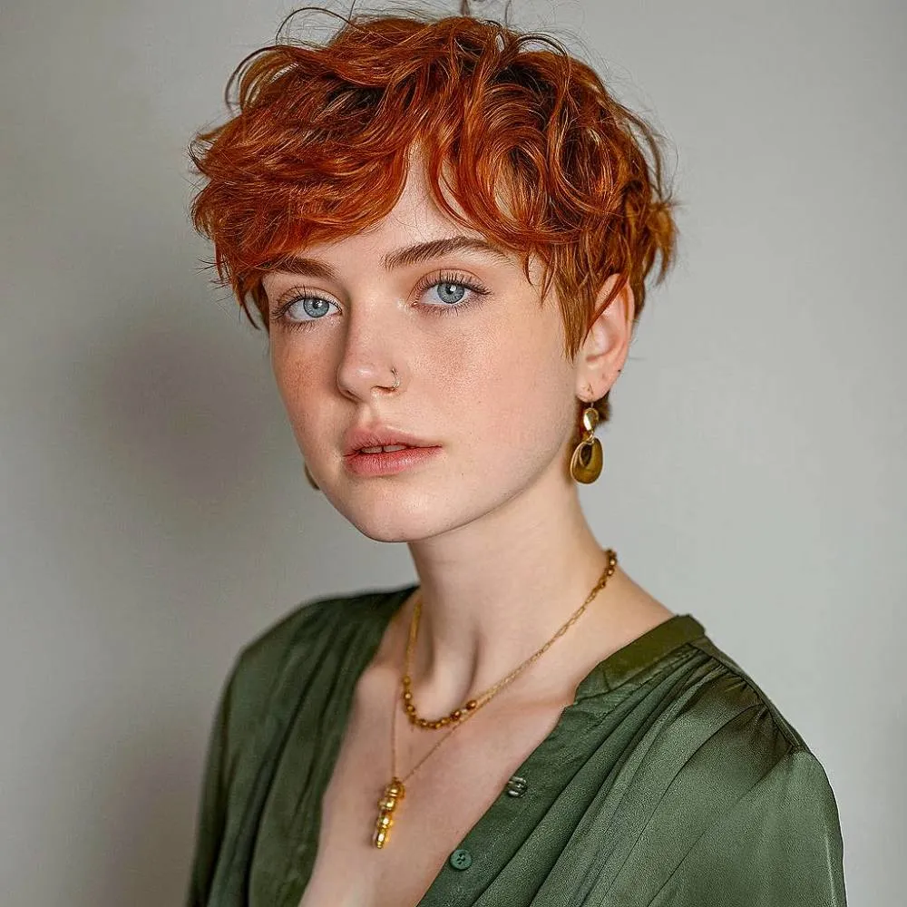 Corte pixie de cobre texturizado com ondas desgrenhadas e franjas suaves adicionando calor e vibração aos penteados curtos' title=