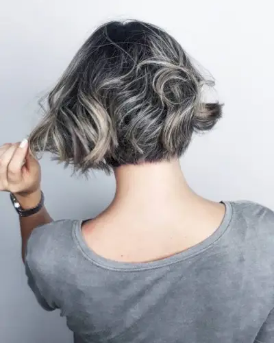 Modern Short Black Hair with Ash Grey Highlights