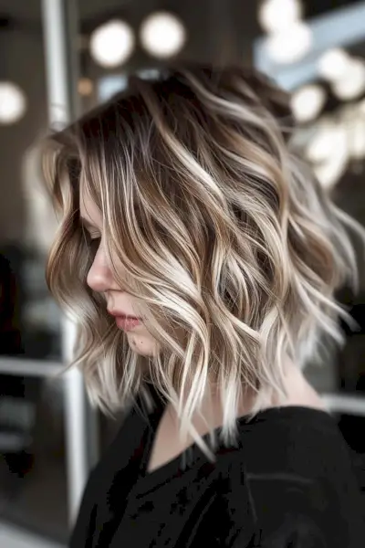Blonde Highlights on Wavy Layered Bob