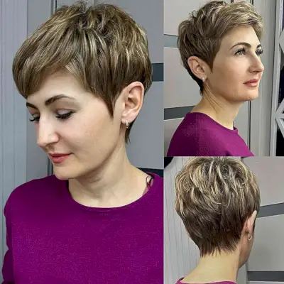 90s Voluminous Layered Pixie Cut with Blonde Highlights