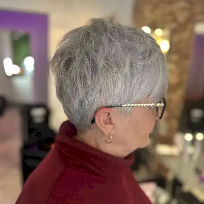 Grey Pixie with Choppy Wispy Layers for Women Aged 60 with Glasses